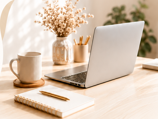 Bureau lumineux avec ordinateur, carnet et tasse